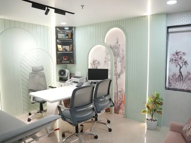 Sala de atendimento de uma clínica, com mesa e maca